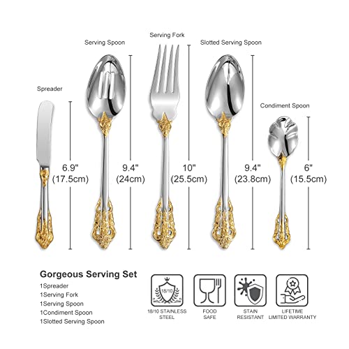 Keawell Gorgeous 5-Piece 18/10 Stainless Steel Hostess Serving Utensil Set, Dishwasher Safe, Gold Accent #TOP1