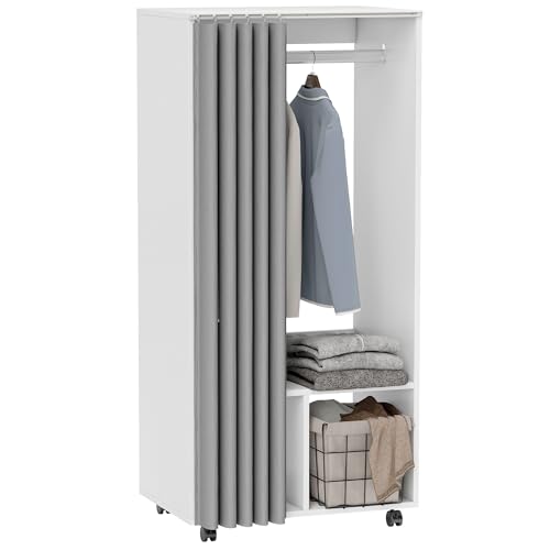 HOMCOM Armoire penderie Mobile Dressing avec Rideau Armoire de Rangement 4 roulettes avec Tringle de Suspension et étagères, penderie vêtement Roulant pour...