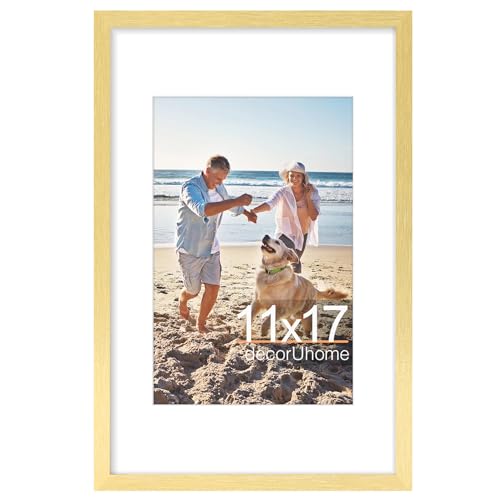 decorUhome 11x17 Picture Frame, Display Pictures 8x12 with Mat or 11x17 without Mat, Wall Hanging Poster Frame, Gold, 1 Pack