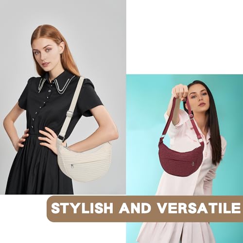 Checkered Nylon Crescent Bag for Women,Moon Bag with Metal Zipper and Card Slots 5