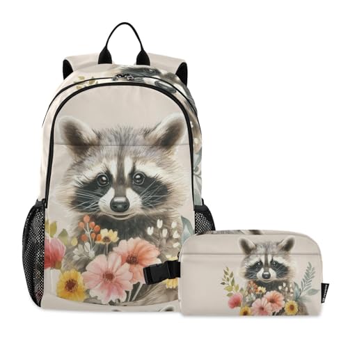 Raccoon Flowers Cute Backpack for School Boys Girls and Teens, Backpack for Men and Women, Lightweight Bookbag with Lunch Box Travel Laptop Daypack 18.5 x 11.8 In
