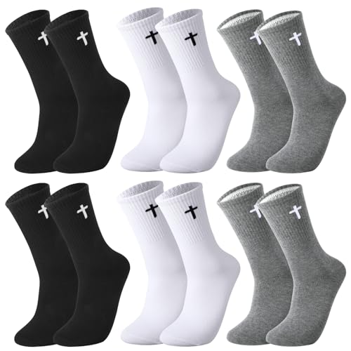 scenicamp 6 Pairs Cross Socks for Men US 7-9 Christian Pastor Elastic Crew Socks Cross Print Embroidered Geo Cotton Sock Christian Gifts for Men, Black, White, Gray