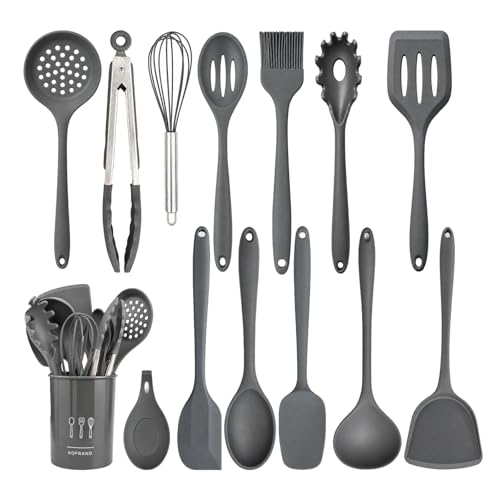 Silicone Cooking Utensil Set with Holder & Spoon Rest, -22°F to 446°F Heat Resistant Kitchen Utensils Set, Nonstick Cookware Safe Spatula Set, Spoon, Ladle, Tongs, Whisk, Pasta Server, Gray