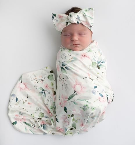Image of Baby Receiving Blanket Swaddle Blanket Infant Wrap with Matching Headband Beanie and Name Card (Pink and Grey)