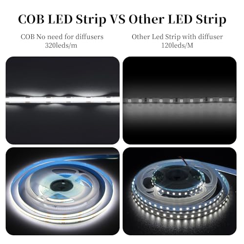 Image of iNextStation 16.4ft /5M 6000K White COB Light Strip, DC12V CRI 93+ LED Strip Light, 8mm Width LED Tape Lights, Flexible LED Light TV Backlight, Outdoor, Bedroom, Mirror, Home Lighting Decor(No Plug)