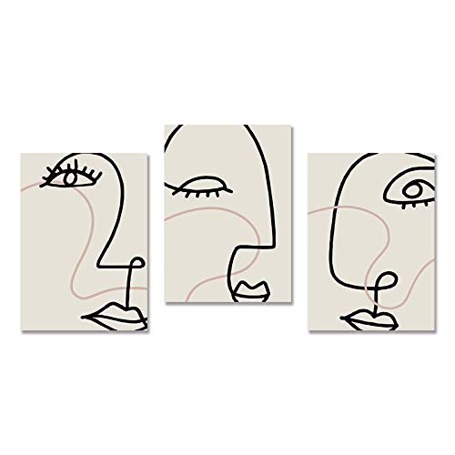 Peinture toile minimaliste visage abstrait triptyque élégant pour séjour moderne