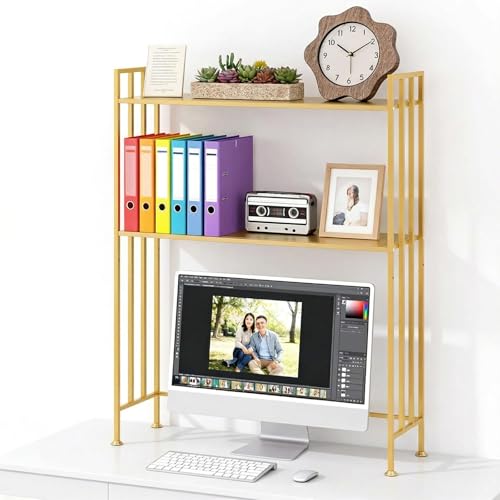 Egula Adjustable Desk Hutch Dorm 2-Tier Rust-Proof Iron Desk with Hutch & Desk Shelf for Top of Desk | Multi-Surface Organizer for Office, Kitchen（Gold）