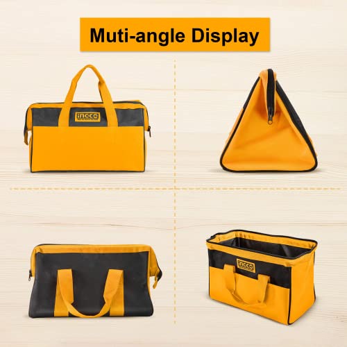 Image of INGCO 16 Inch Tool Bag, 15kg Max Load, Tool Storage Bag with Wide Mouth Multi-use Tool Tote Bag With 6 Pockets Outside and 8 Pockets Inside, Waterproof for Construction Carpentry Gardening