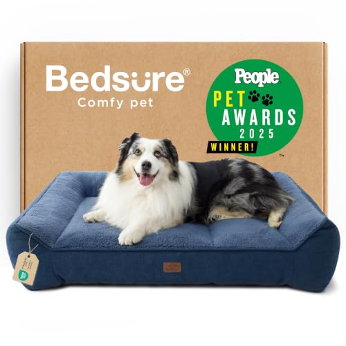 Image of Bedsure SupportMax XL Orthopedic Dog Beds Large Sized Dog - Extra Thick Supportive Dogs Couch with Waterproof Washable Cover, Extra Large Pet Bed Sofa with Soft Sherpa and Nonskid Bottom, Blue