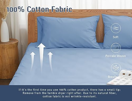 Pillow Cases, Standard Queen Size Cotton Percale Weave Pillowcases, Pre-Shrunk Breathable and Hypoallergenic Pillowcases, Set of 2 (2 Piece Standard/Queen 20 Inch x 30 Inch, Placid Blue)