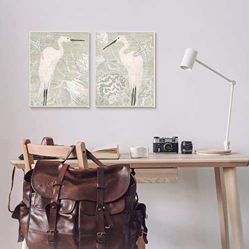 Image of White Heron Nautical, 13 x 19 Inch Mounted Print on Wall Plaque Set
