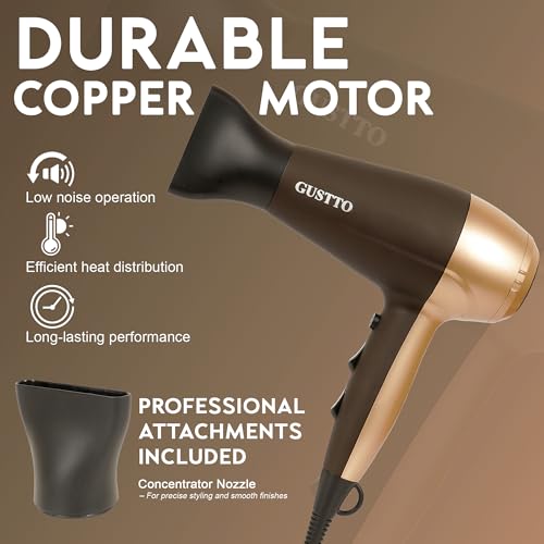Image of Hair Dryer for Women | Fast Drying, Low Heat Damage, Smooth & Frizz-Free Hair | 1800-2000W Professional Blow Dryer with Cool Shot | Gustto Elevate (Gold & Matte Black), BIS Certified