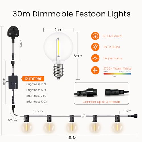 Svater Outdoor String Lights with Remote, 200FT/60M Festoon Lights Dimmable Timer with 104 G40 Plastic Bulbs 1W LED, Waterproof Shatterproof Linkable Garden Lights for Outdoor Patio Backyard(2X30m) - Image 4