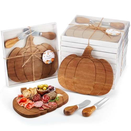 Ziliny Juego de 12 tablas de charcutería de madera con forma de calabaza de otoño para Halloween, mini tabla de cortar con cuchillos y tenedores, etiquetas de agradecimiento a granel, caja blanca para