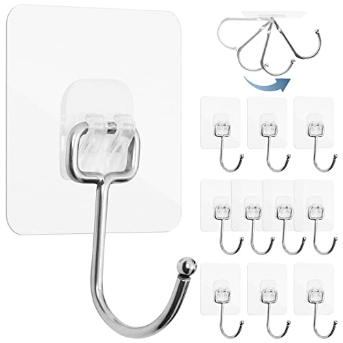 10 ganchos adhesivos resistentes de 44 lb/20 kg (máximo), ganchos adhesivos de gran tamaño, ganchos adhesivos transparentes y fuertes, sin uñas, ganchos de pared fuertes, hogar, cocina y oficina