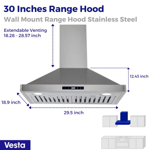 Vesta Milan 30 Inches 800Cfm Stainless Steel European Style Wall Mount Range Hood With Led Lights Touch Screen Round Front Edges #TOP1