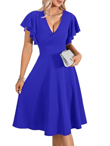 Image of LYANER Women's Warp V Neck Ruffle Short Sleeve A Line Swing Flared Cocktail Party Midi Dress