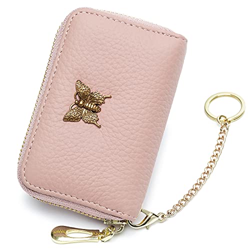 Image of imeetu RFID Credit Card Holder for Women, Business Card Wallet, Pink, Small, Credit Card Case Wallet | Genuine Leather Card Case Wallet with Zipper and Removable Keychain, 12 Card Slots & 2 Cash Pockets, Daily, Travel, Gifts