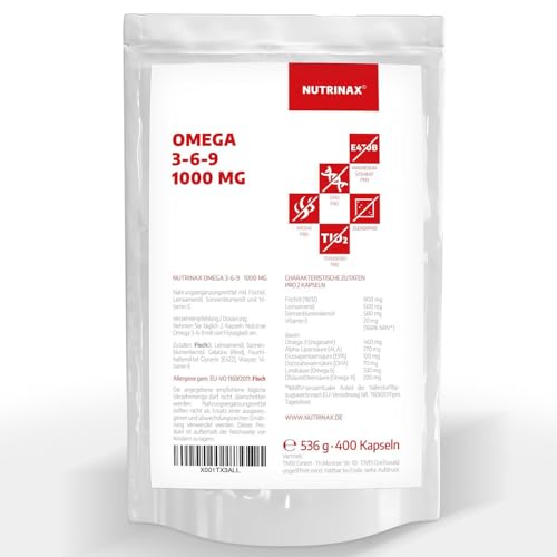 NUTRINAX | Omega 3-6-9 | 400 cápsulas | 1000 mg por cápsula | con EPA y DHA – Alta dosis | ALA – Omega 3, 6 y 9 | biodisponibilidad óptima