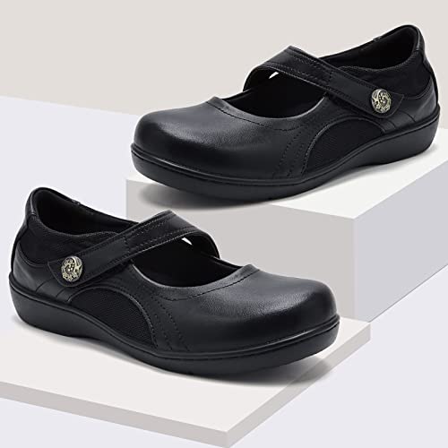 Vocntvy Womens Mary Jane Flats Office Dress Work Shoes Ladies Hook And Loop Leather Comfort Casual Lightweight Non Slip Memory Foam Shoes Black Us 9 #TOP1