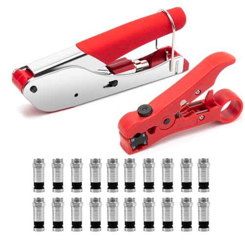 Juego de Crimpadora Coaxial Pelacables Coaxial,Pelacables Ajustable RG59/RG6 con 20 Conectores F de CompresióN RG6 para Cables Satelitales, Cables Coaxiales