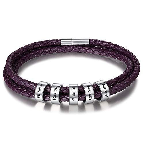 Personalized Womens Mens Braid Leather Bracelets With 1-6 Custom Names Beads Unisex Engraved Leather Bracelet Custom Name Bracelet For Birthday Mother's Day Father's Day (Purple, 1 Bead) #TOP19