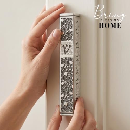 Image of SURI Mezuzah for Door with Scroll, 7 Inch Silver and Gray Mezuzah Case with Non Kosher Scroll Inside, Fits a up to 6 Inch Scroll, Includes Adhesive and Gift Box