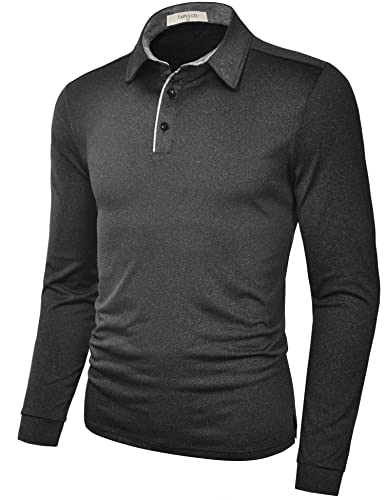 TAPULCO Dry Fit Long Sleeve Polo Golf Shirt for Men, Moisture Wicking Crewneck Soft Work Tshirts Black Large