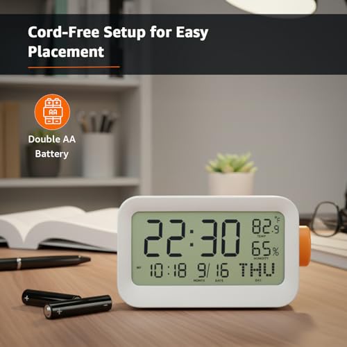 Image of Amazon Basics LCD Digital Table Clock with 3 Alarms, Snooze, Manual Brightness, ABS, White Color, Battery Operated, Compact Design for Desk, Bedside, Study Table (Size: 14 x 6.3 x 7.6 cm)
