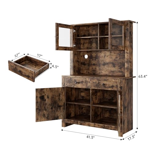 GarveeHome Kitchen Pantry Cabinet with Microwave Stand, Freestanding Hutch Cabinet with Buffet Cupboard, Tall Kitchen Cabinets with Adjustable Shelves for Dining Room, Brown