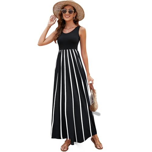 Image of Sherosa Women Boho Chevron Striped Floral Printed Summer Sleeveless Tank Long Maxi Party Dress