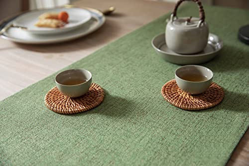 Image of ZeeMart Burlap Style Farmhouse Table Runner, 14x72 Inches Grass Green | Thick Durable Fabric, Mitered Corner Design, Rustic Woven Dining Table Runner, Machine Washable Everyday Table Scarf