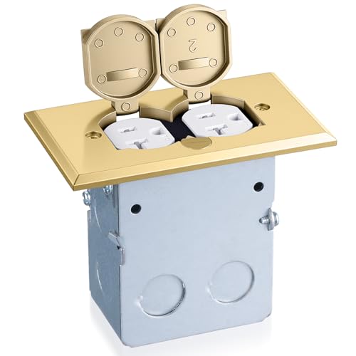 Image of Brass Recessed Floor Outlet Box, UL Listed Low Profile Hidden Flip-Up Floor Outlet with Watertight Gasket, 20A Tamper Resistant Receptacle for Living Room, Home Office, Conference Room