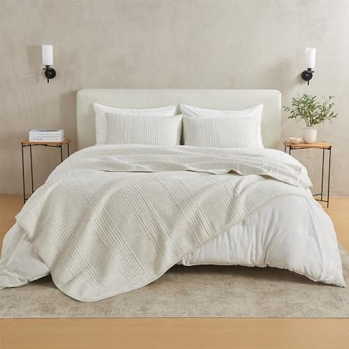 Full / Queen Taupe Quilt Set with Shams - Cotton Blend Jersey Knit Channel Stitch 3-Piece Bedspread Coverlet for Men & Women - All Seasons, Heathered Quilt Set (Full/Queen, Heathered Oatmeal)