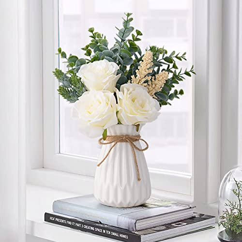 Cozzi Codi Fake Flowers With Vase, Dining Table Decor, Artificial Flowers White Roses In Vase, Silk Faux Flower Arrangements, Rustic Home Office Centerpiece Decorations, Bathroom Plant Decor #TOP6