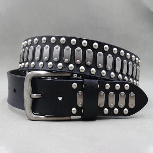 3 Row Studded Punk Leather Belt,Women Men Gothic Square Beads Metal Rivet Strap for Jeans, Pants and Accessories (115cm/45, Black)4