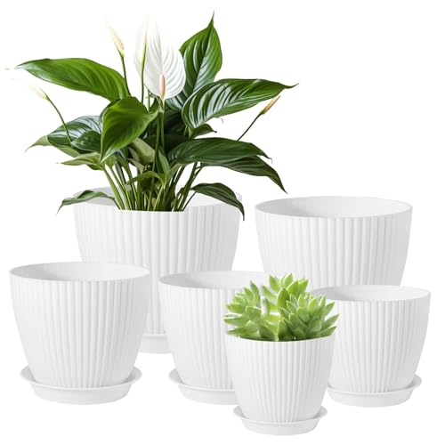 Kalizoi Blumentopf 10-17 cm Durchmesser, Kunststoff Blumentöpfe mit Untersetzer Drainagelöcher, Rund übertopf für Zimmerpflanzen, Pflanzkübel kräutertopf für Innen außen (6er-Set, Weiß)
