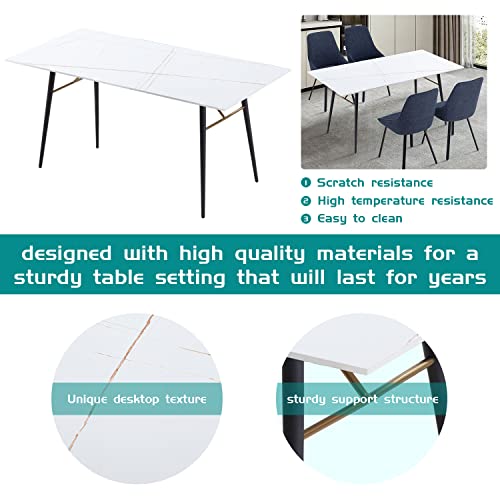 Kevinplus 70'' Dining Table, Slate Kitchen Dining Table With Sintered Stone Top Surface, Modern Mid-Century Rectangular Conference Table For Office, Living Room Dinner Table, Metal Legs, White & Gold #TOP2