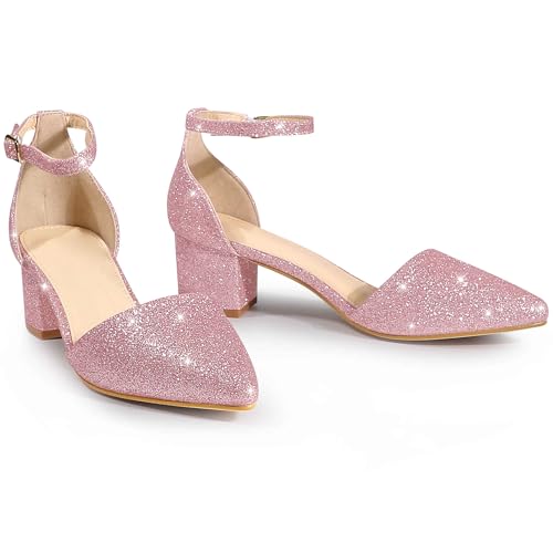 Perphy Glitter Pointed Toe Pumps Ankle Strap Buckle Chunky Block Heel Pink Dress Pumps for Women - 9 M US