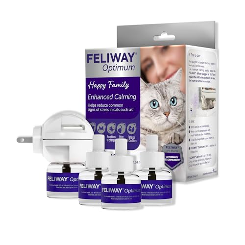 FELIWAY Optimum Cat Calming Plug in Pheromone Diffuser Kit & 3 Refills - Helps Reduce Common Signs of Stress in Cats & Kittens, #1 Vet Recommended Brand, Enhanced Calming