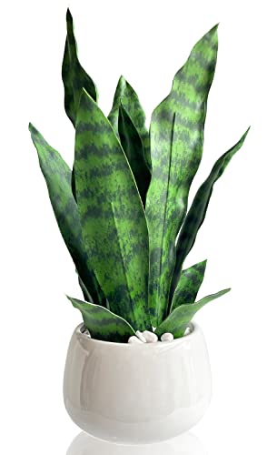 Duzyxi Artificial Snake Plant 15" With White Ceramic Pot Sansevieria Plant Fake Snake Plant Greenery Faux Snake Plant In Pot For Home Office Living Room Housewarming Gifts Indoor Outdoor Decor-Green2 #TOP2