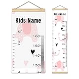 Personalized Kids Name Growth Chart Ruler for Wall Wood Frame Height Measure Chart 13.4x56 in Linen Hanging Height Growth Chart Pink Elephant Kids Room Decor