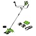 Greenworks 48V (24V x 2) Desbrozadora a Batería, Motor sin Escobillas, Arnés, Mango de Bicicleta, Ancho Corte 38 cm, Hilo Nylon 2 mm, Cuchilla 25 cm, Dos Baterías 4Ah y Cargador GD24X2BCBK4x