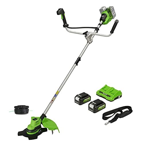 Greenworks48V(2x24V)Decespugliatore a Batteria con Motore Brushless,Imbracatura,Manubrio,Ampiezza di Taglio 38cm,Filo Nylon2mm,Lama 25cm,2xBatterie 24V 4Ah e Caricabatterie,Garanzia 3Anni GD24X2BCBK4x