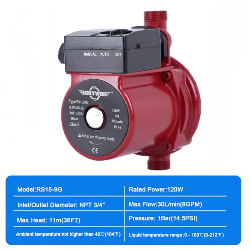 BOKYWOX 120W NPT3/4'' Food Grade Domestic Automatic Booster Pump Hot Water Circulation Circulating Recirculating Recirculation Pump for Solar Heater/Faucet(RS15-9R) by BOKYWOX - Image 2