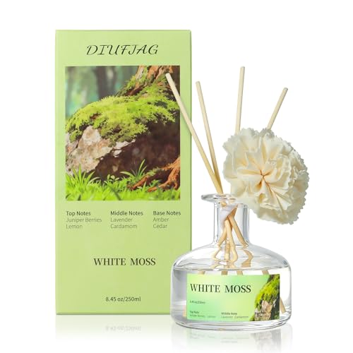 8.45 oz White Moss Scent Diffusers with 6 Reed Sticks,250ml Reed Diffuser for Bathroom Room Air Freshener, Last up for 50 Days