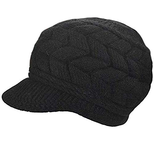 Cappello invernale da donna con tesa, berretto lavorato a maglia in lana con fodera in caldo pile e visiera, berretto Newsboy per la stagione fredda S-Y-H4, nero, M