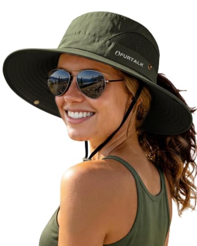 FURTALK Womens Sun Hat with Ponytail Hole Beach Hiking Summer Wide Brim UPF 50+ Outdoor Protection Foldable Bucket Hat Green, One Size