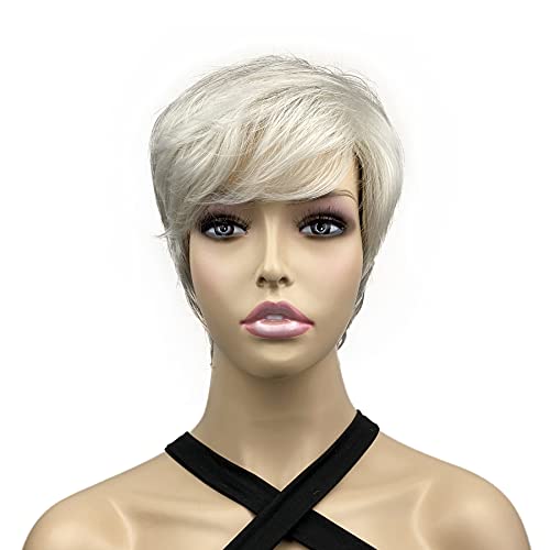 onemily 8" Gray Pixie Cut Hair Wig Short Layered Straight Wigs with Bangs Synthetic Natural Fashion Daily Wigs for Women (Black 95% Gray)