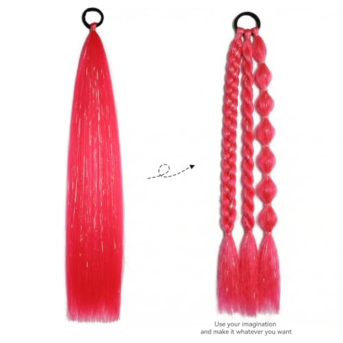 CenXRui Pink Hair Extensions with Tinsel, 26" Long Sparkly Colorful Braiding Hair for Softball, Cheer & Spirit Week, Reusable Colored Hair Extensions for Crazy Hair Day, 2 Pack (Hot Pink) — view 6